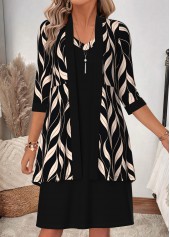 Leaf Print Two-piece Black 3/4 Sleeve Dress and Cardigan