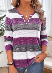 Striped Shirred Purple Long Sleeve Split Neck T Shirt