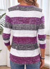 Striped Shirred Purple Long Sleeve Split Neck T Shirt
