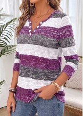 Striped Shirred Purple Long Sleeve Split Neck T Shirt