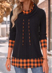 Plaid Tummy Coverage Black Long Sleeve Cowl Neck Sweatshirt