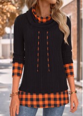 Plaid Tummy Coverage Black Long Sleeve Cowl Neck Sweatshirt