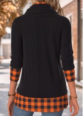 Plaid Tummy Coverage Black Long Sleeve Cowl Neck Sweatshirt