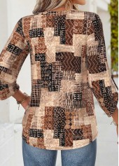 Geometric Print Tummy Coverage Dark Coffee Bracelet Sleeve Blouse