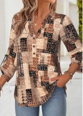 Geometric Print Tummy Coverage Dark Coffee Bracelet Sleeve Blouse