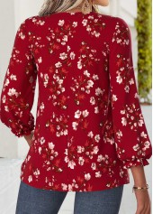 Floral Print Patchwork Wine Red Bracelet Sleeve Blouse