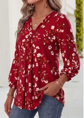 Floral Print Patchwork Wine Red Bracelet Sleeve Blouse