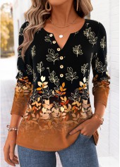 Leaf Print Curved Hem Dark Camel T Shirt