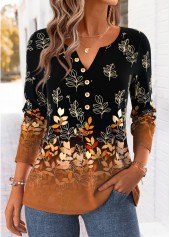 Leaf Print Curved Hem Dark Camel T Shirt