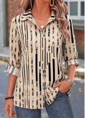 Geometric Print Tummy Coverage Light Camel 3/4 Sleeve Shirt