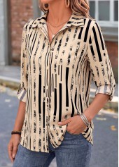 Geometric Print Tummy Coverage Light Camel 3/4 Sleeve Shirt