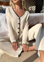 Beige V Neck Long Sleeve Lounge Top and Pants