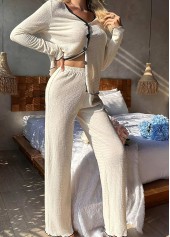 Beige V Neck Long Sleeve Lounge Top and Pants