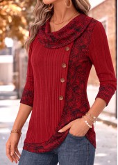 Leaf Print Patchwork Red Long Sleeve T Shirt