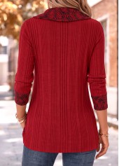 Leaf Print Patchwork Red Long Sleeve T Shirt