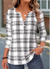 Plaid Curved Hem White Long Sleeve T Shirt