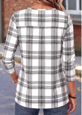 Plaid Curved Hem White Long Sleeve T Shirt
