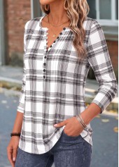 Plaid Curved Hem White Long Sleeve T Shirt