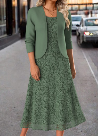 Two Piece Sage Green Long Sleeve Dress and Cardigan