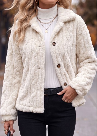 Tummy Coverage White Long Sleeve Turn Down Collar Coat