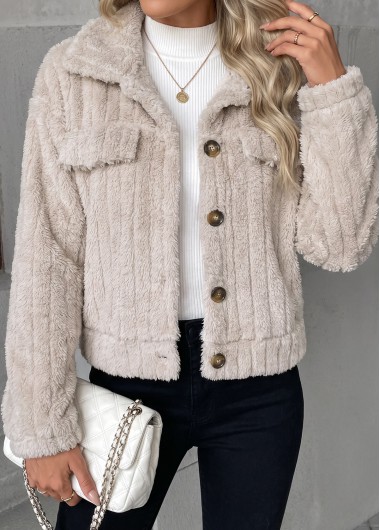 Button Beige Long Sleeve Turn Down Collar Coat