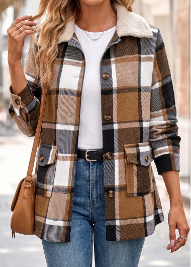 Plaid Patch Pocket Light Coffee Long Sleeve Coat