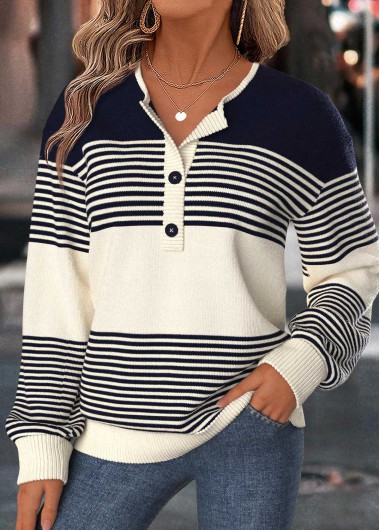 Striped Tummy Coverage Navy Long Sleeve Split Neck Sweater Striped Tummy Coverage Navy Long Sleeve Split Neck Sweater