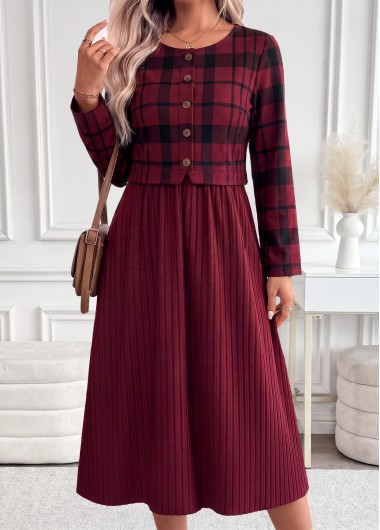 Plaid Patchwork Dark Reddish Purple Long Sleeve Dress
