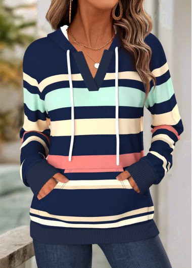 Striped Kangaroo Pocket Navy Long Sleeve Split Neck Hoodie Striped Kangaroo Pocket Navy Long Sleeve Split Neck Hoodie