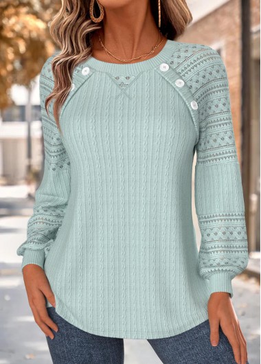 Button Green Long Sleeve Round Neck Sweatshirt Button Green Long Sleeve Round Neck Sweatshirt