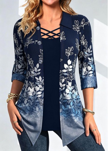 Leaf Print Button Denim Blue Fake Two Piece Twinset