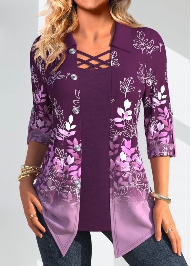 Leaf Print Button Purple Fake Two Piece Twinset