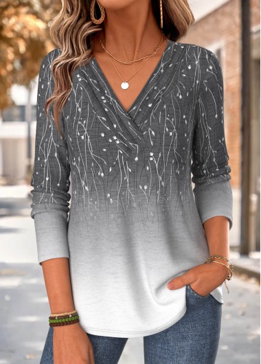 Ombre Grey Long Sleeve V Neck T Shirt