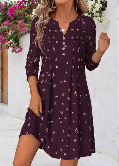 Floral Print Tuck Stitch Dark Purple Short Dress