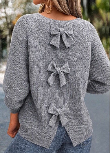 Bowknot Grey Long Sleeve Round Neck Sweater