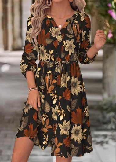 Leaf Print Shirred Black Long Sleeve Split Neck Dress