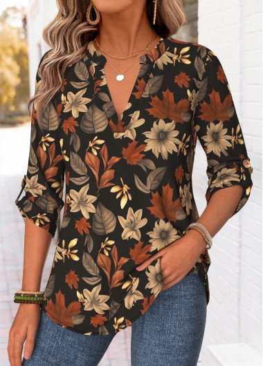 Floral Print Curved Hem Multi Color Long Sleeve Shirt