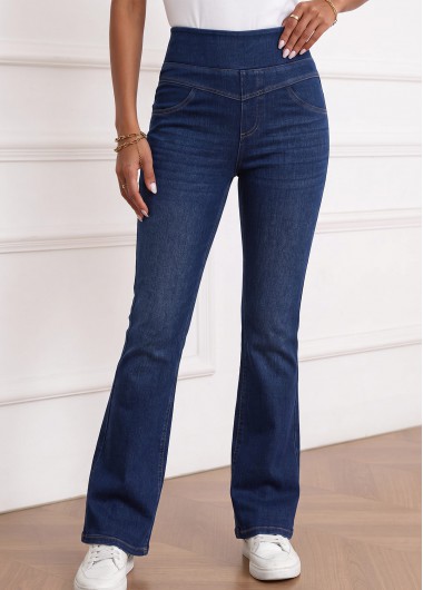 Denim Blue Flare Leg Elastic Waist High Waisted Jeans