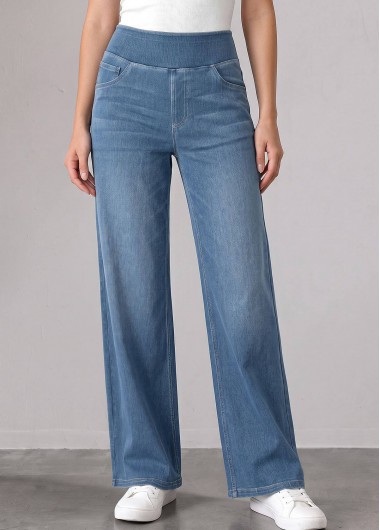 Denim Blue Straight Leg Elastic Waist High Waisted Jeans