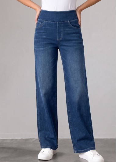 Denim Blue Straight Leg Elastic Waist High Waisted Jeans
