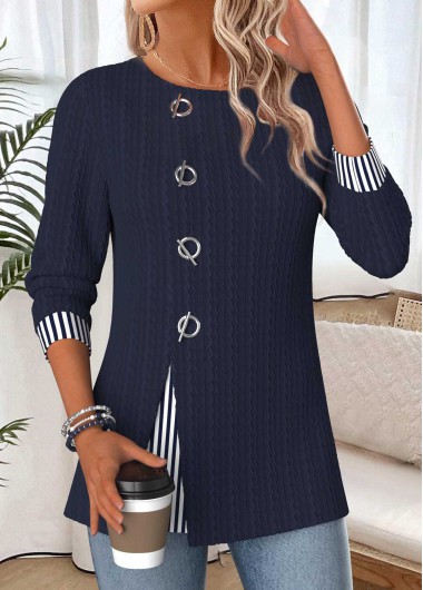 Striped Patchwork Navy Long Sleeve Round Neck Blouse