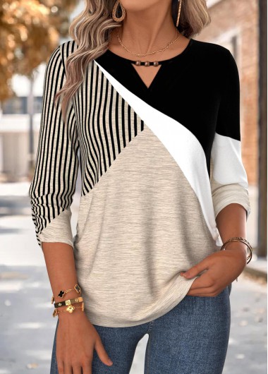 Geometric Print Shirred Light Coffee 3/4 Sleeve Blouse