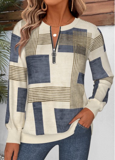 Geometric Print Tummy Coverage Multi Color Long Sleeve Sweatshirt