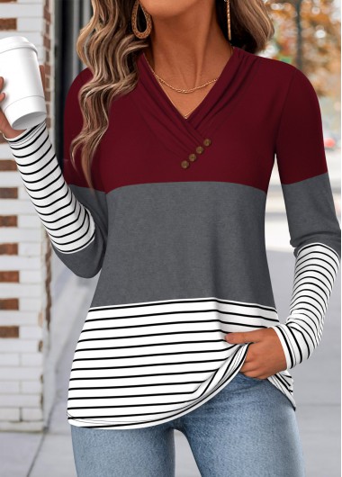 Geometric Print Shirred Wine Red Long Sleeve T Shirt
