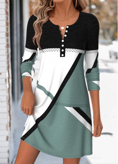 Geometric Print Tummy Coverage Sage Green Short Dress