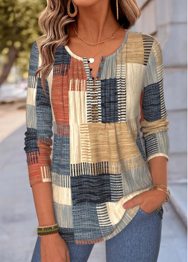 Geometric Print Tuck Stitch Multi Color T Shirt