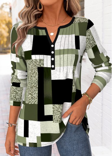 Geometric Print Curved Hem Green Long Sleeve T Shirt Geometric Print Curved Hem Green Long Sleeve T Shirt