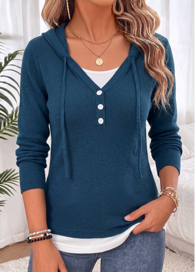 Fake 2in1 Peacock Blue Long Sleeve Hooded Sweater