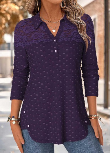 Patchwork Purple Long Sleeve Shirt Collar Blouse