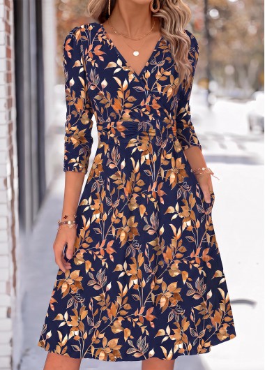 Leaf Print Shirred Navy Long Sleeve V Neck Dress Leaf Print Shirred Navy Long Sleeve V Neck Dress